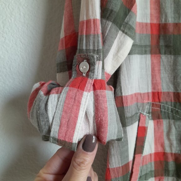 Umgee Mixed Media Plaid Button Up Convertible Sleeve Tunic Lace Trim Size S - Picture 8 of 13